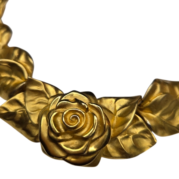 GIVENCHY Vintage 1980's Matte Gold Roses & Leaves Statement Necklace - Picture 2 of 5